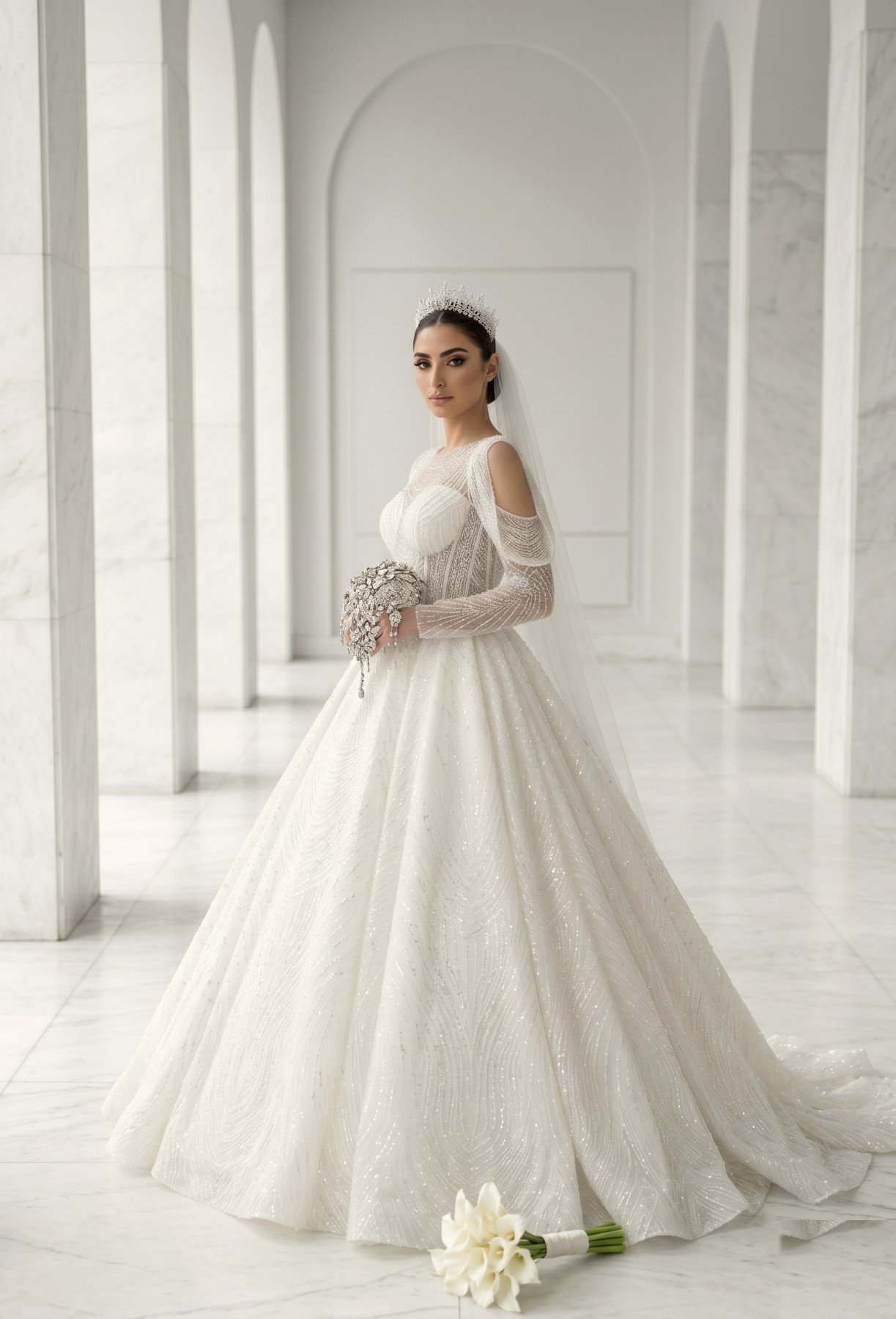 Robe de mariée épaules dénudées perlée