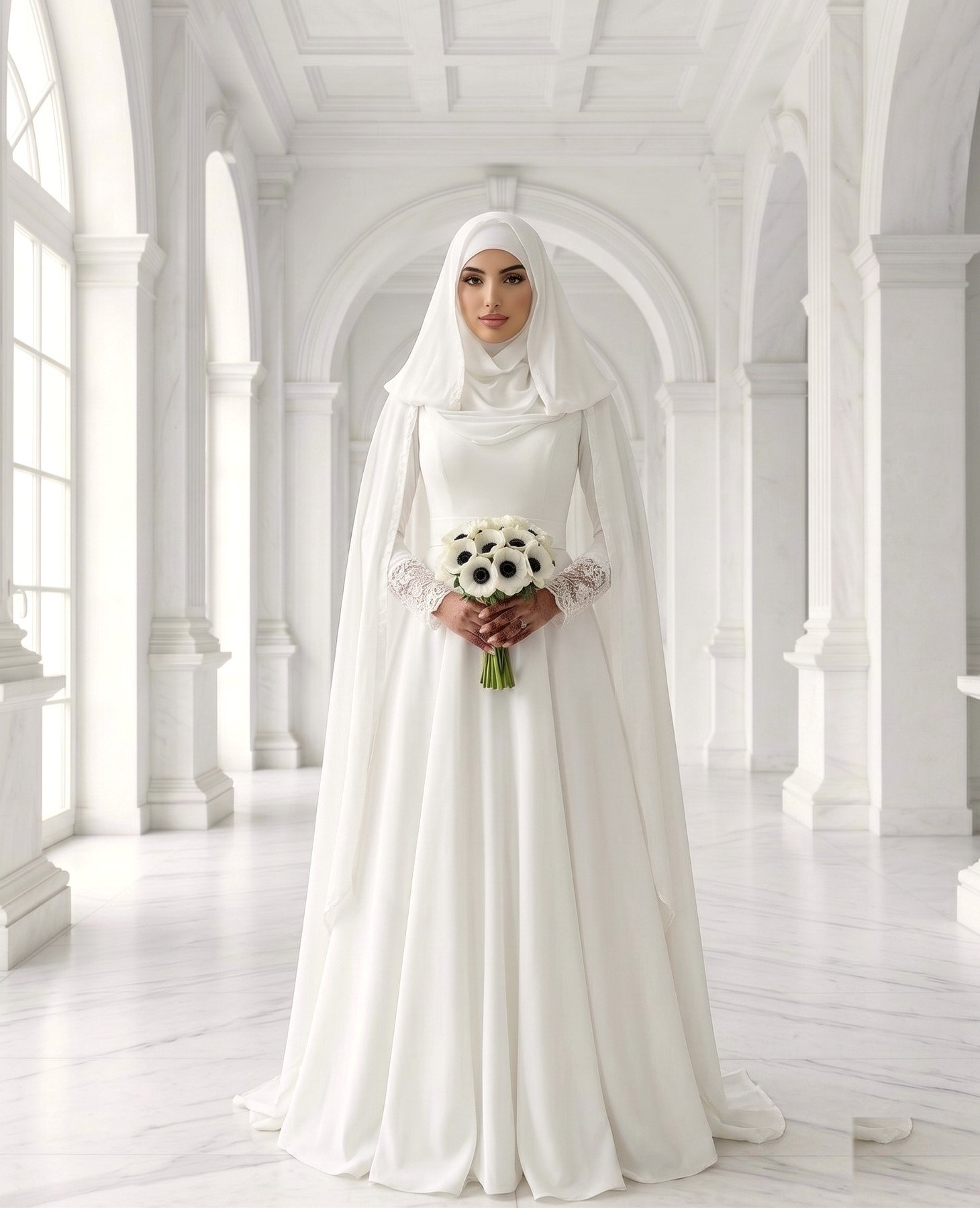 Robe de mariée hijab avec cape et anémones
