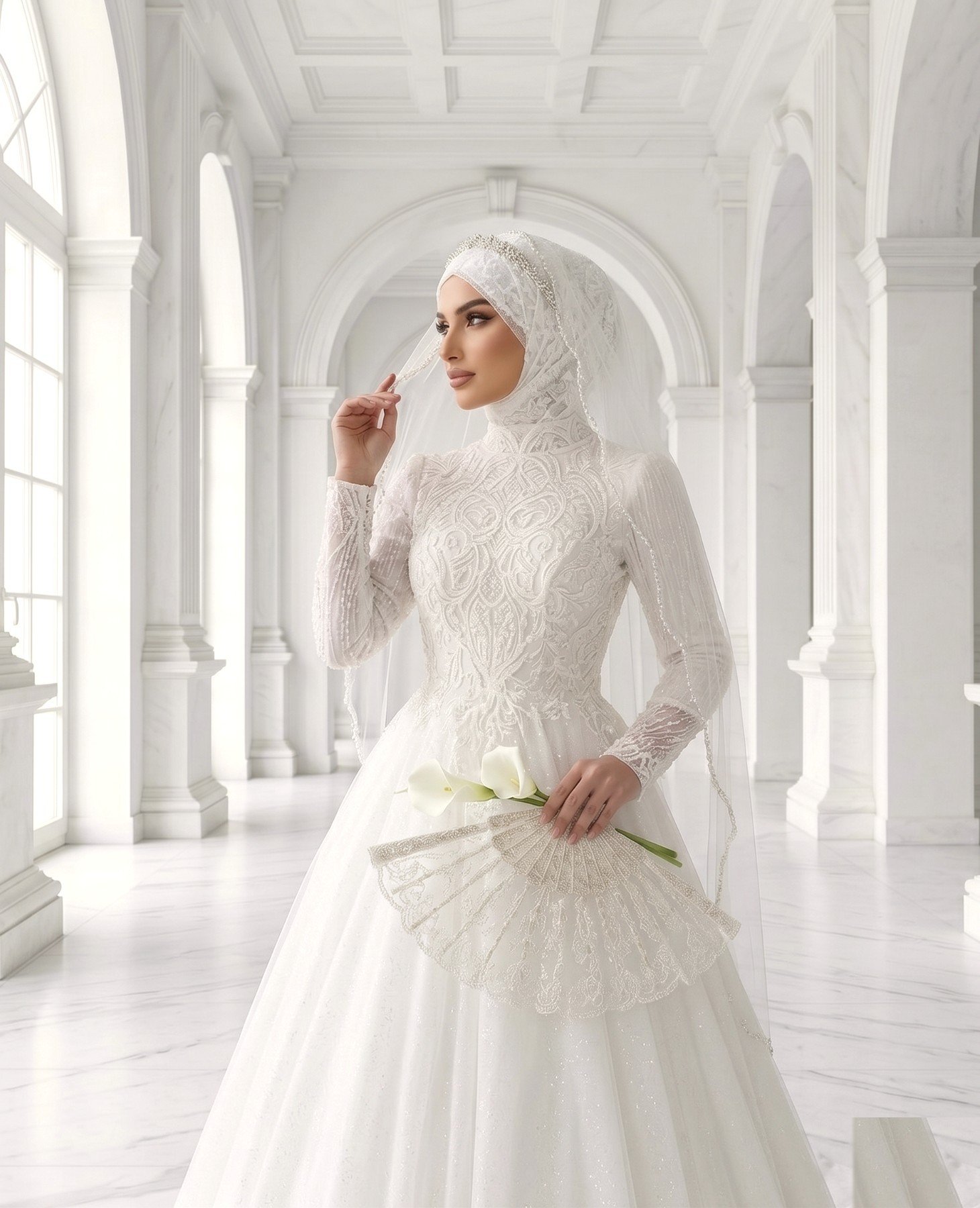 Robe de mariée hijab brodée avec éventail