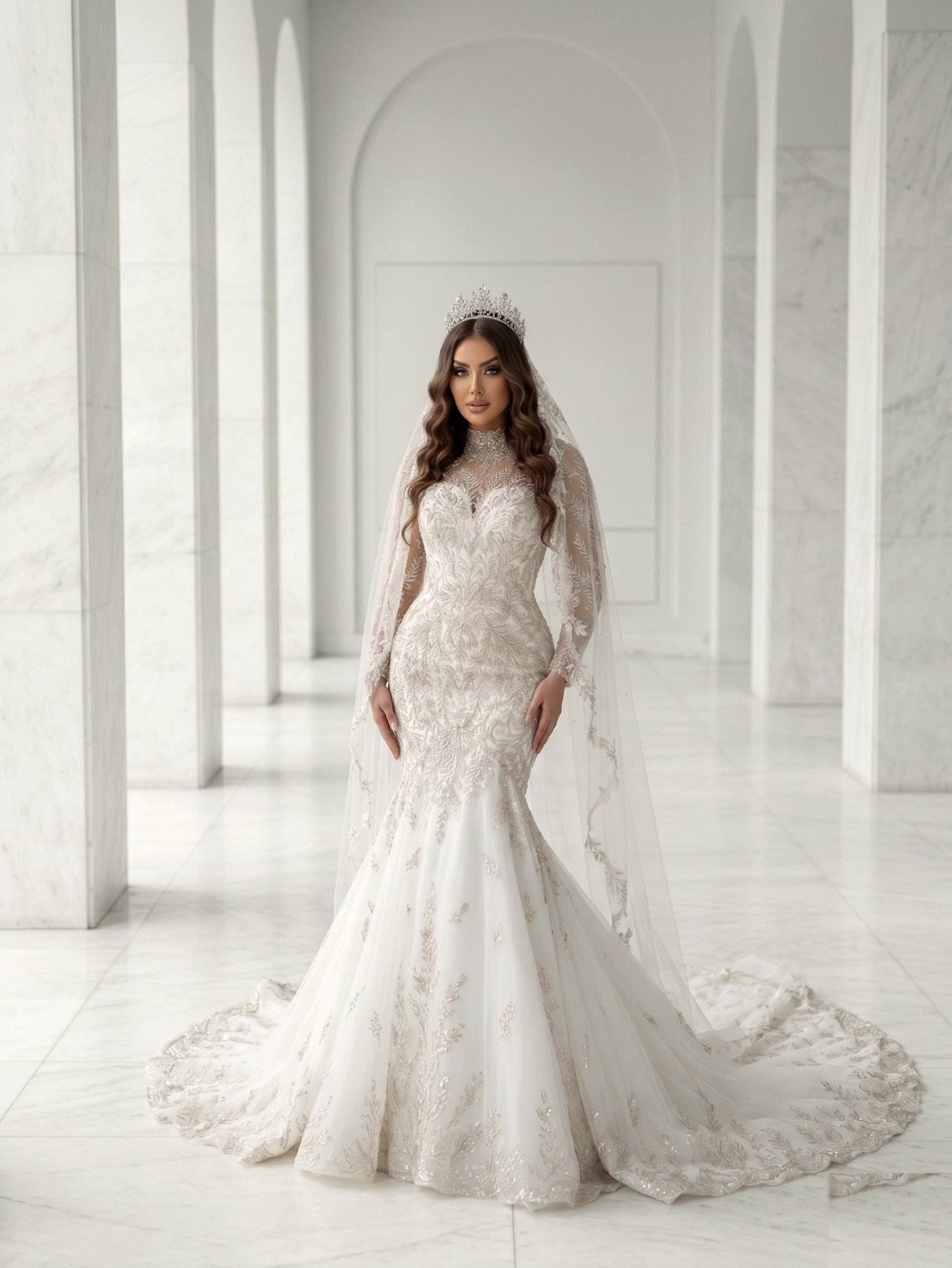 Mariée Nesata en robe sirène avec voile cathédrale